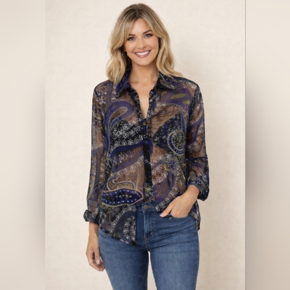 Liz Baker Petite Sheer Blue Black Green Paisley Print Button Front Blouse